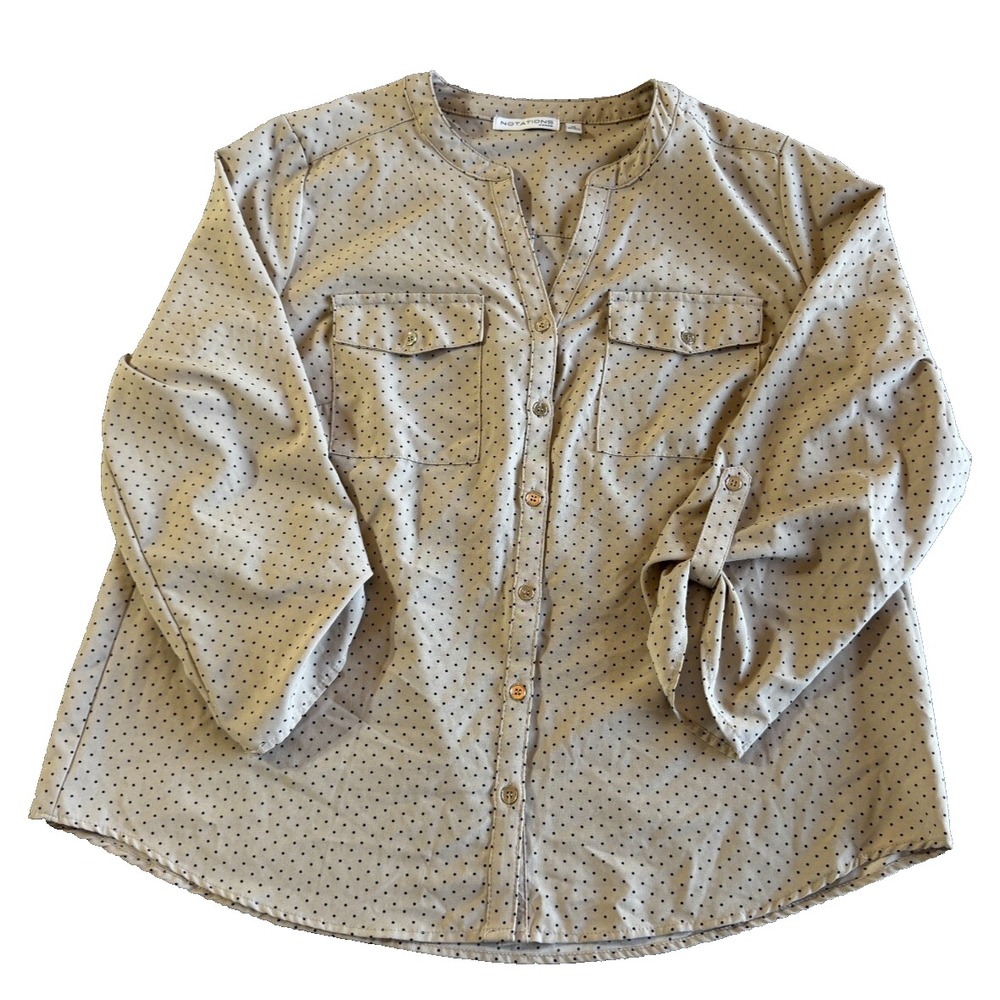 Notations Women's Top Shirt 1X Button Up Roll Tab Sleeve Blouse Polkadot Tan